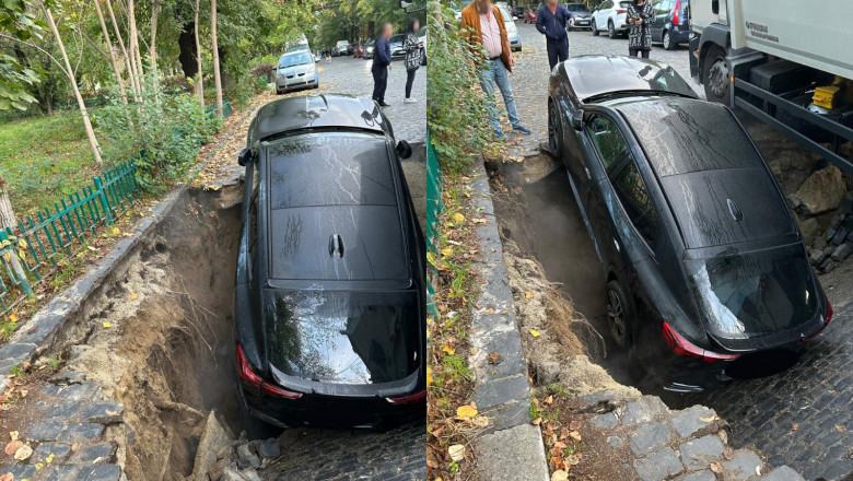 Momentul socant in care asfaltul se surpa pe o strada din Sectorul 6, iar masina si copilul aflat in ea cad in groapa imensa